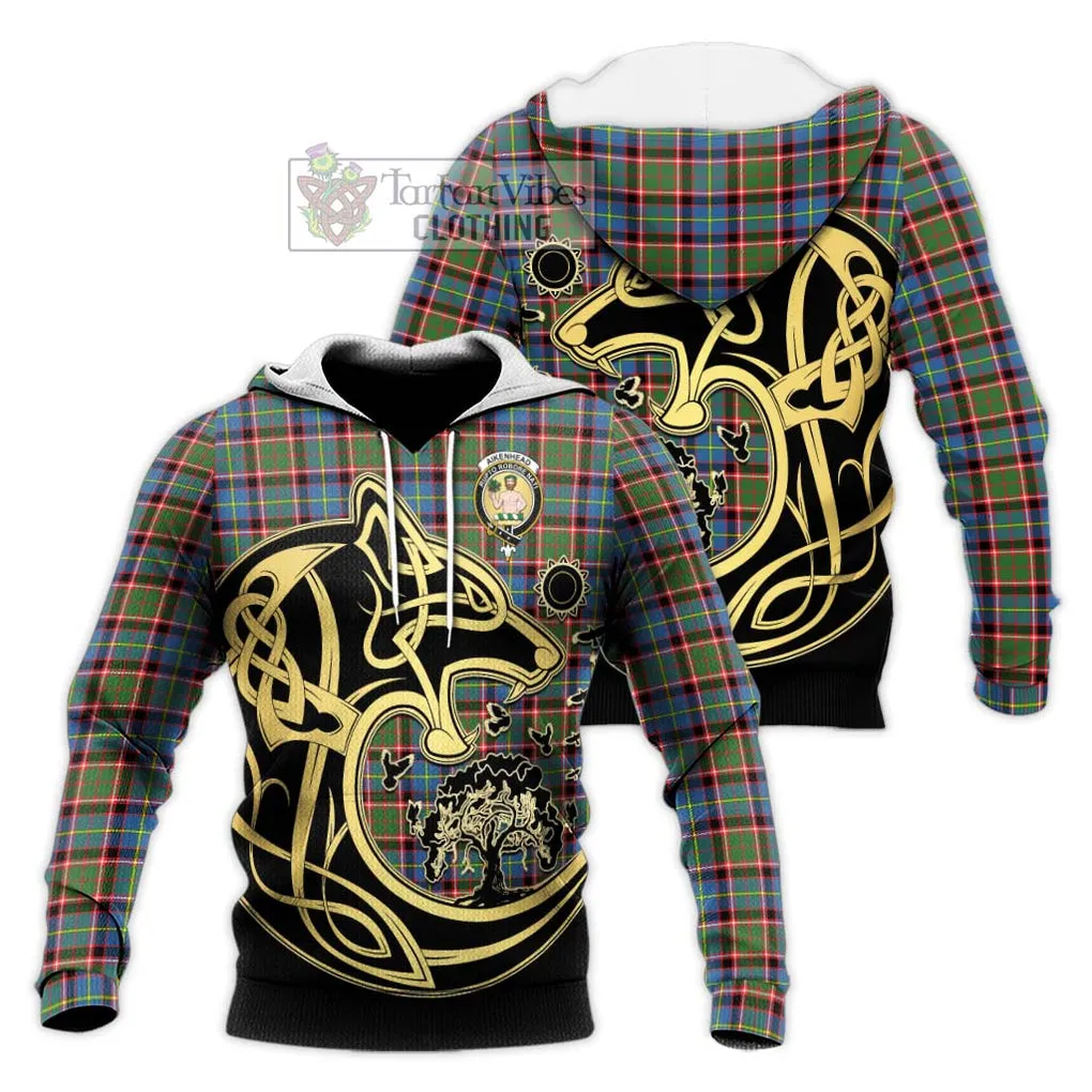 Aikenhead Tartan Knitted Hoodie with Family Crest Celtic Wolf Style