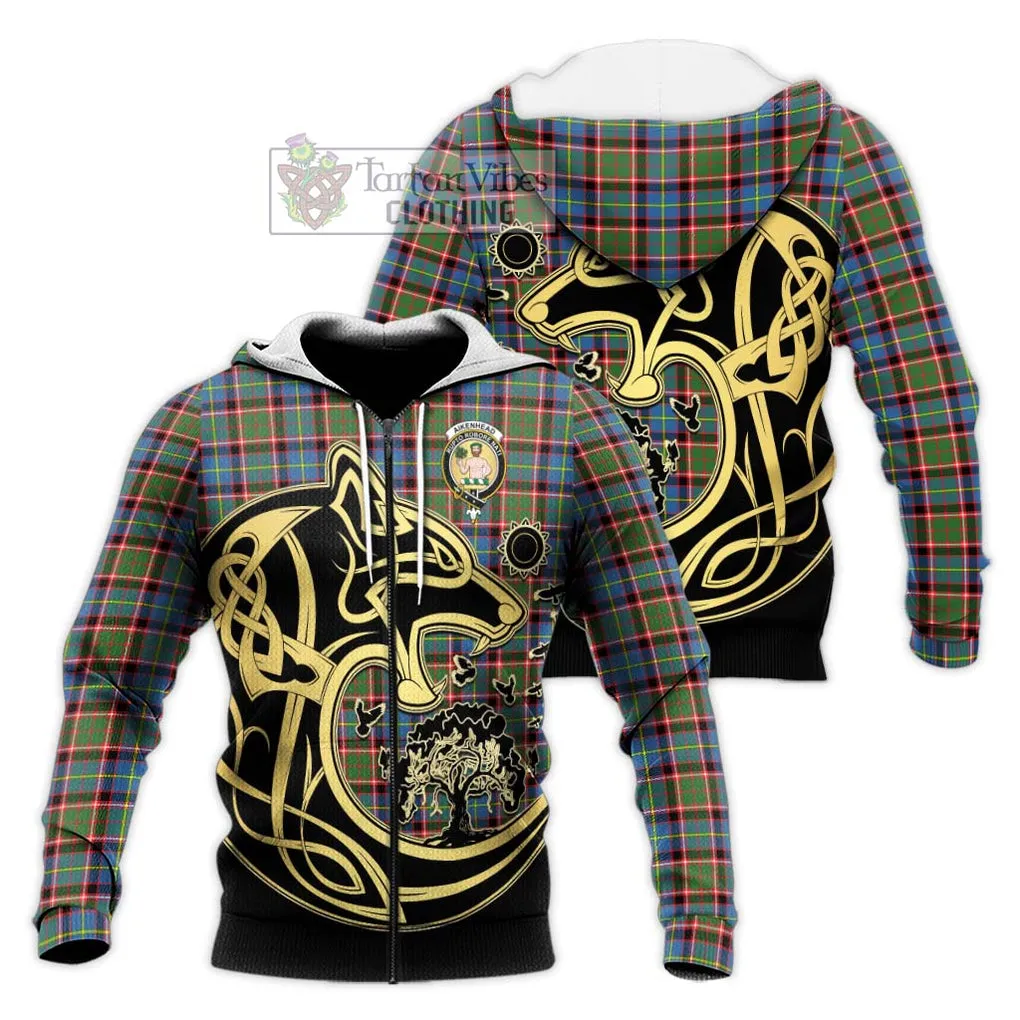 Aikenhead Tartan Knitted Hoodie with Family Crest Celtic Wolf Style