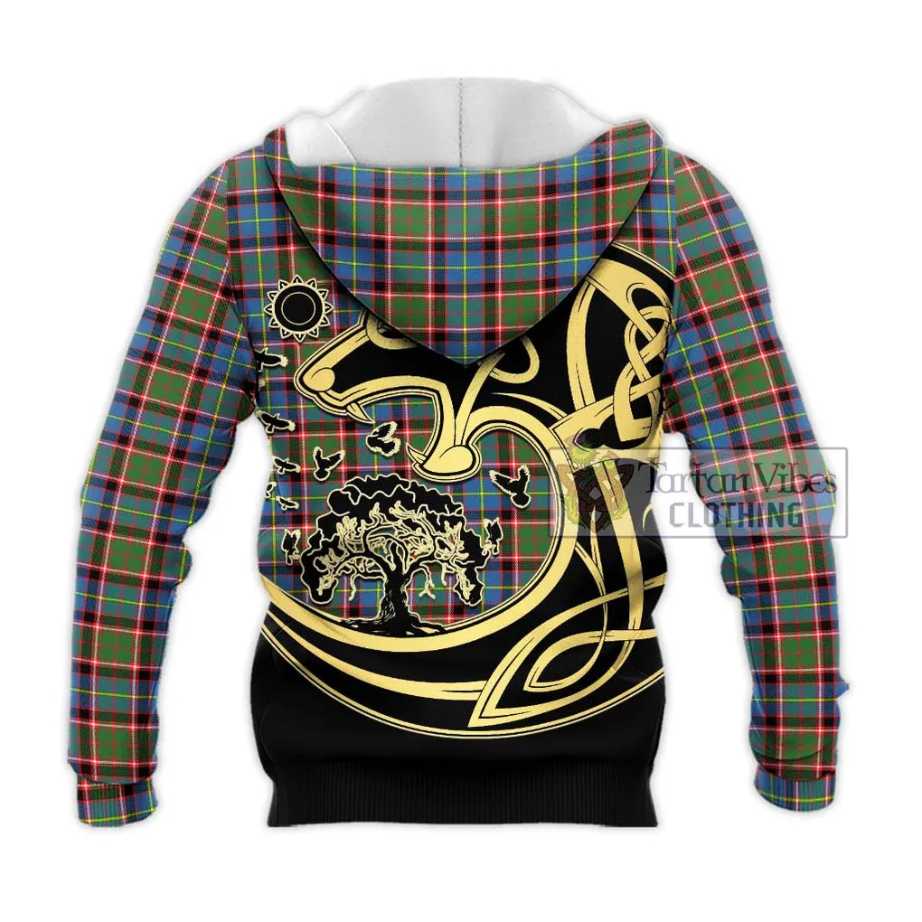 Aikenhead Tartan Knitted Hoodie with Family Crest Celtic Wolf Style