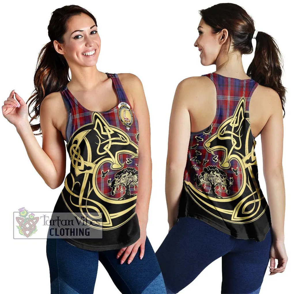 Ainslie Tartan Women's Racerback Tanks with Family Crest Celtic Wolf Style