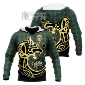 Aiton Tartan Knitted Hoodie with Family Crest Celtic Wolf Style