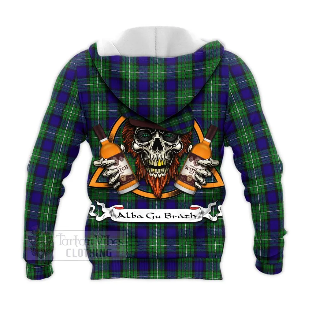 Alexander Tartan Knitted Hoodie with Family Crest and Bearded Skull Holding Bottles of Whiskey