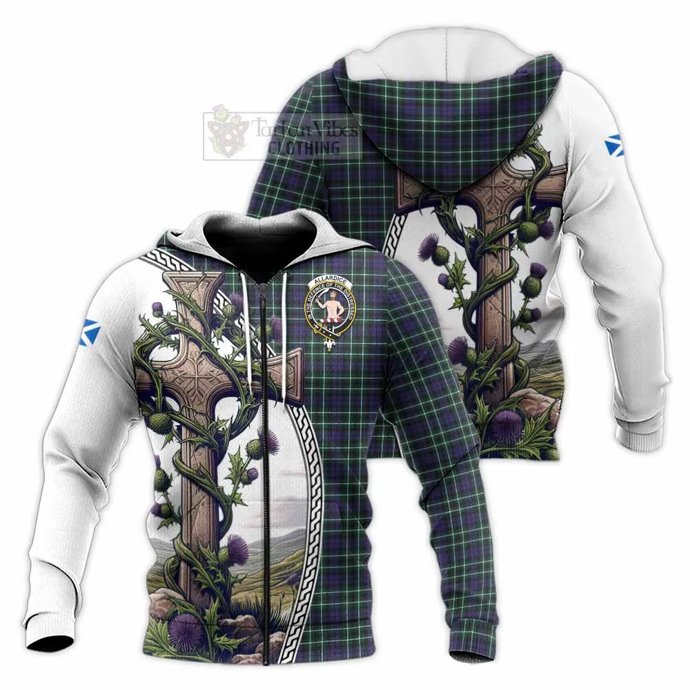 Allardice Tartan Knitted Hoodie with Family Crest and St. Andrew's Cross Accented by Thistle Vines