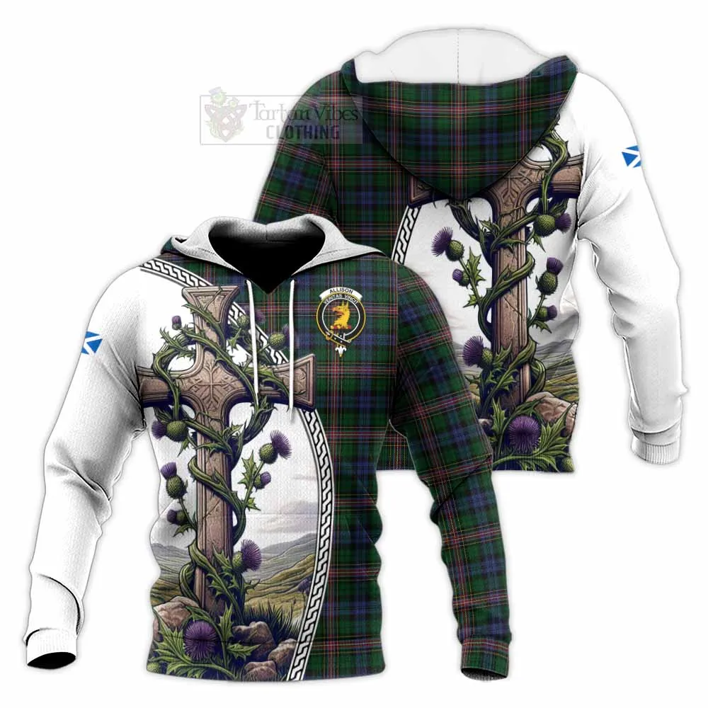 Allison Tartan Knitted Hoodie with Family Crest and St. Andrew's Cross Accented by Thistle Vines