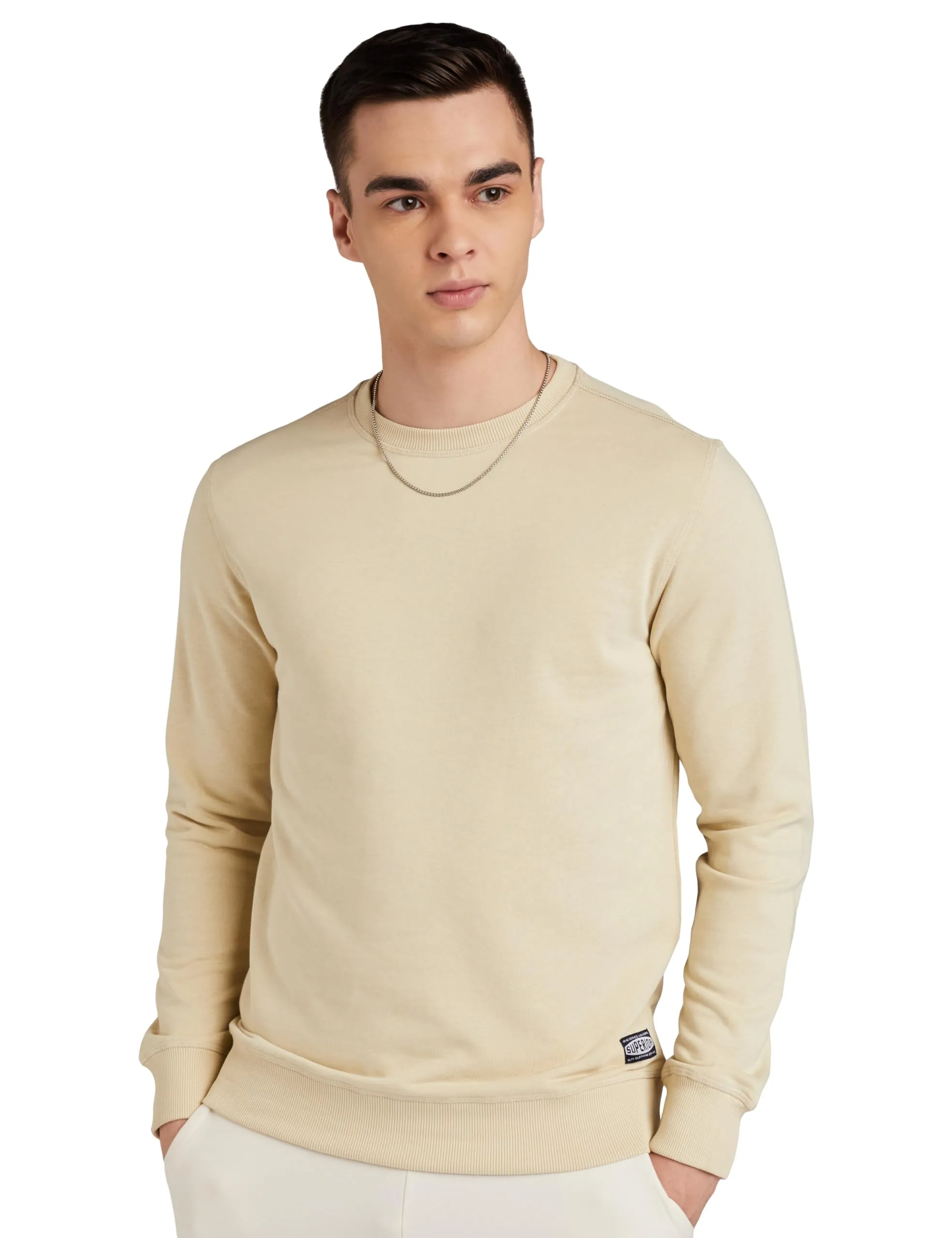 Amazon Brand - Symbol Men's Cotton Blend Round Neck Sweatshirt (AW18MNSSW01_Oyester Beige_L_Oyester Beige_L)