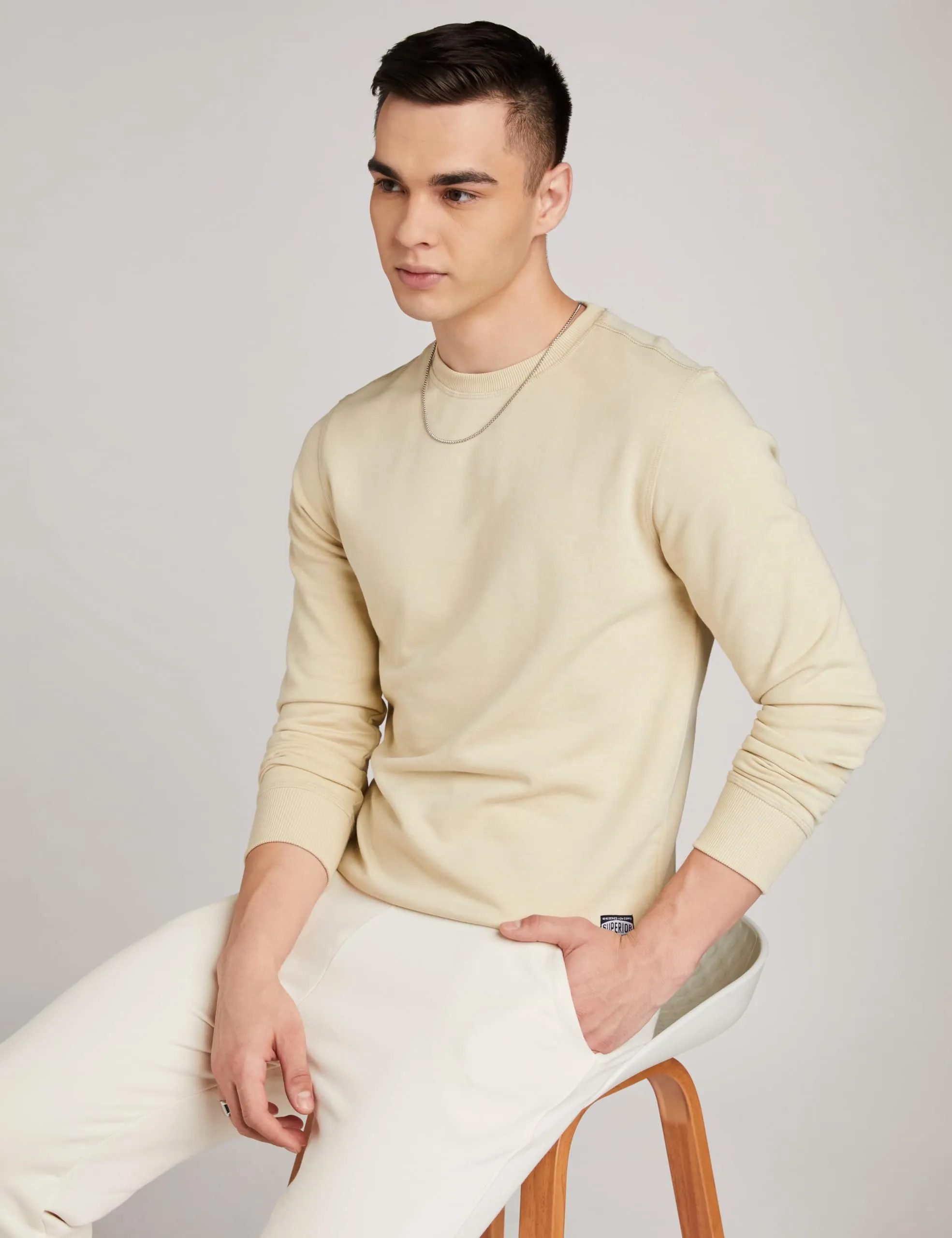 Amazon Brand - Symbol Men's Cotton Blend Round Neck Sweatshirt (AW18MNSSW01_Oyester Beige_L_Oyester Beige_L)