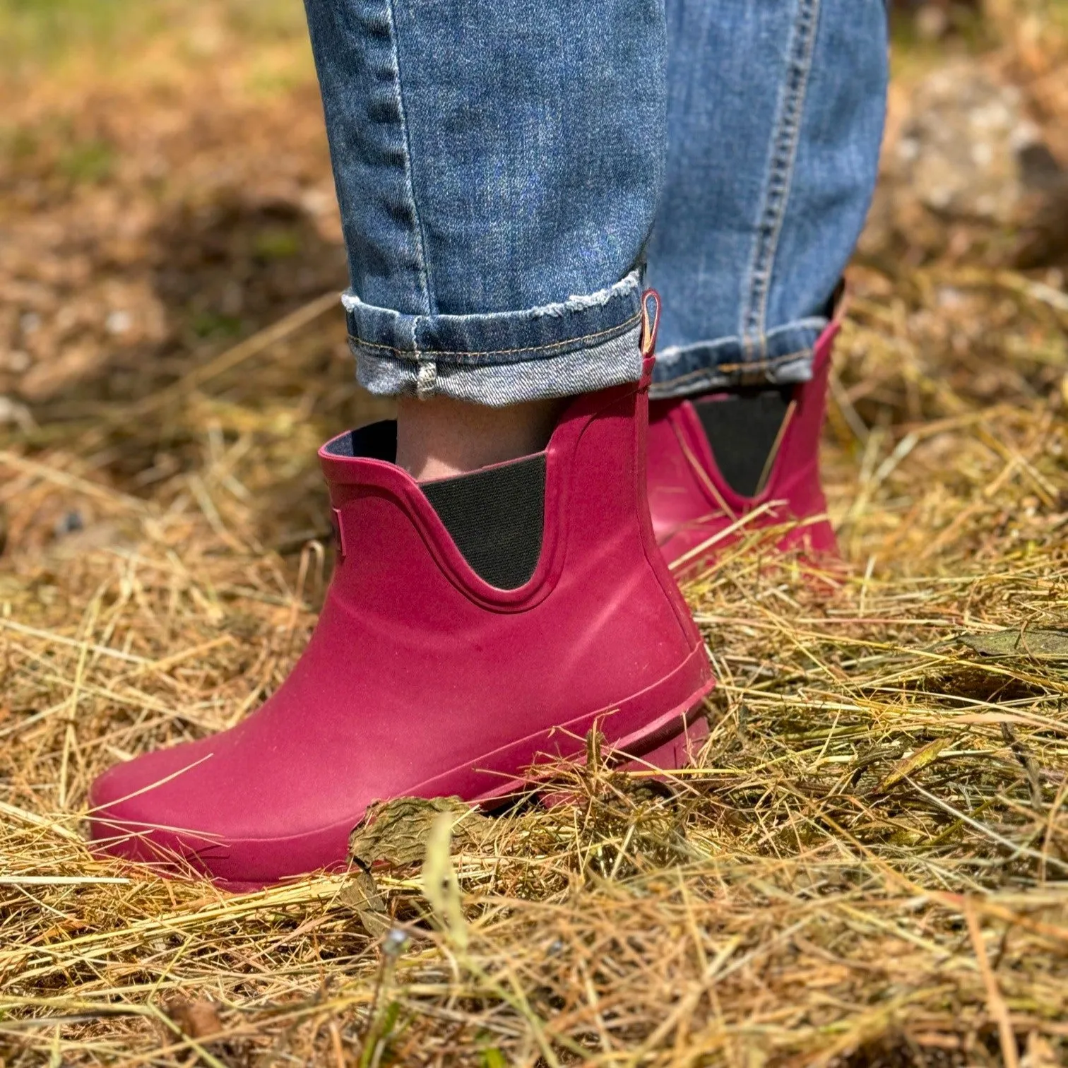 Ankle Height Rain Boots - Raspberry Red - Wide Foot - Easy to Slip On