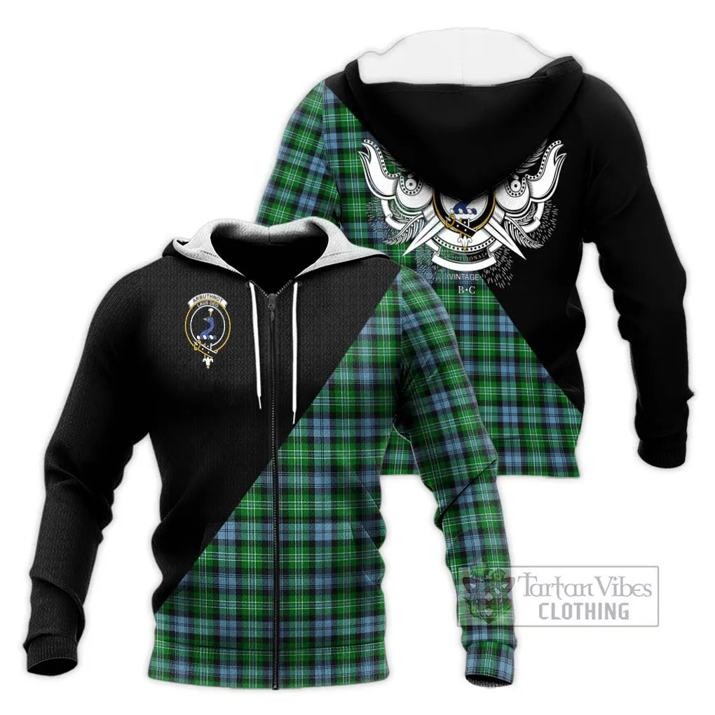 Arbuthnot Ancient Tartan Knitted Hoodie with Family Crest and Military Logo Style