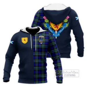 Arbuthnot Modern Tartan Knitted Hoodie Alba with Scottish Lion Royal Arm Half Style