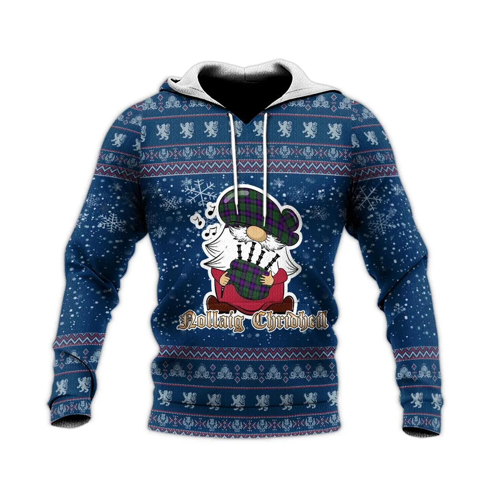 Armstrong Modern Clan Christmas Knitted Hoodie with Funny Gnome Playing Bagpipes