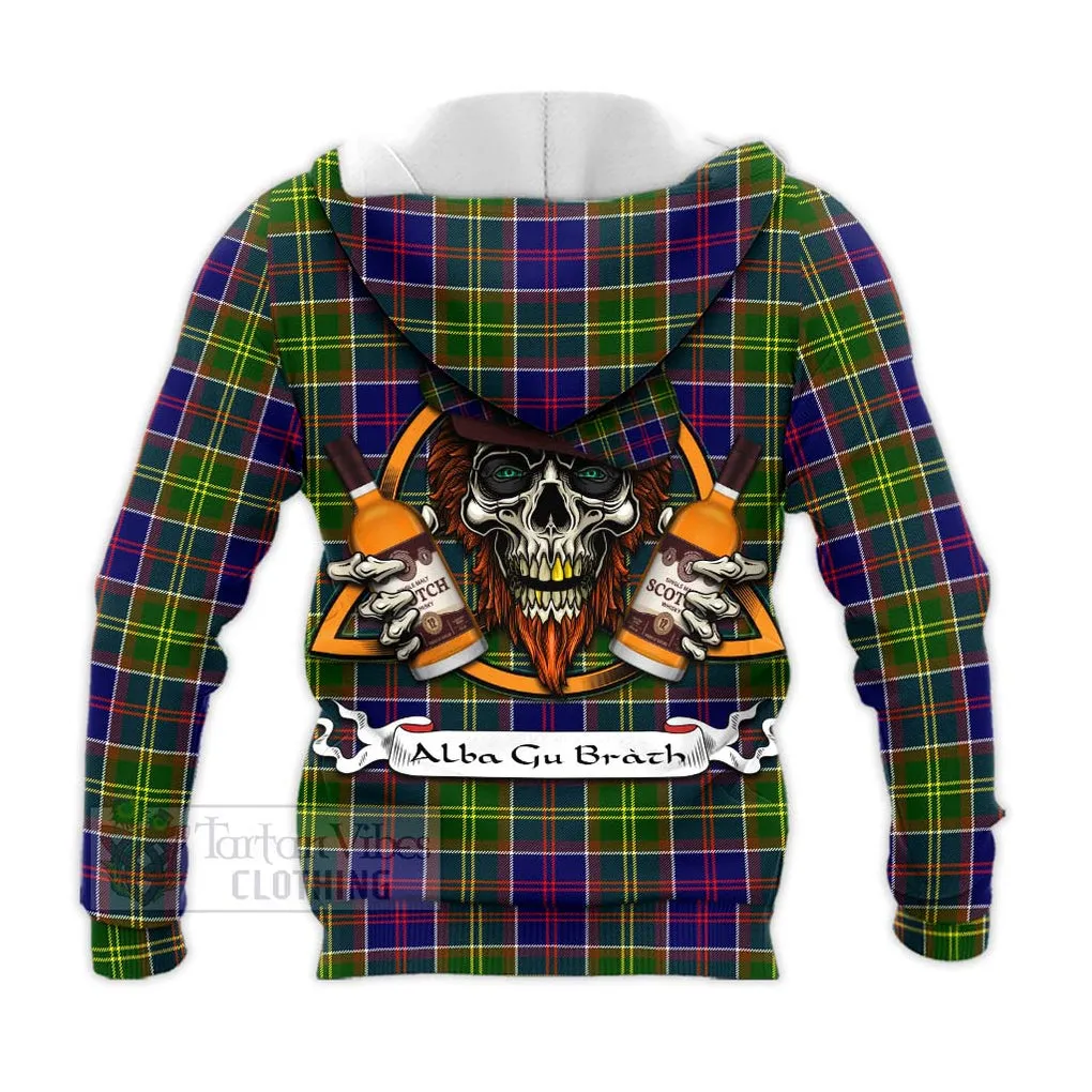 Arnott Tartan Knitted Hoodie with Family Crest and Bearded Skull Holding Bottles of Whiskey