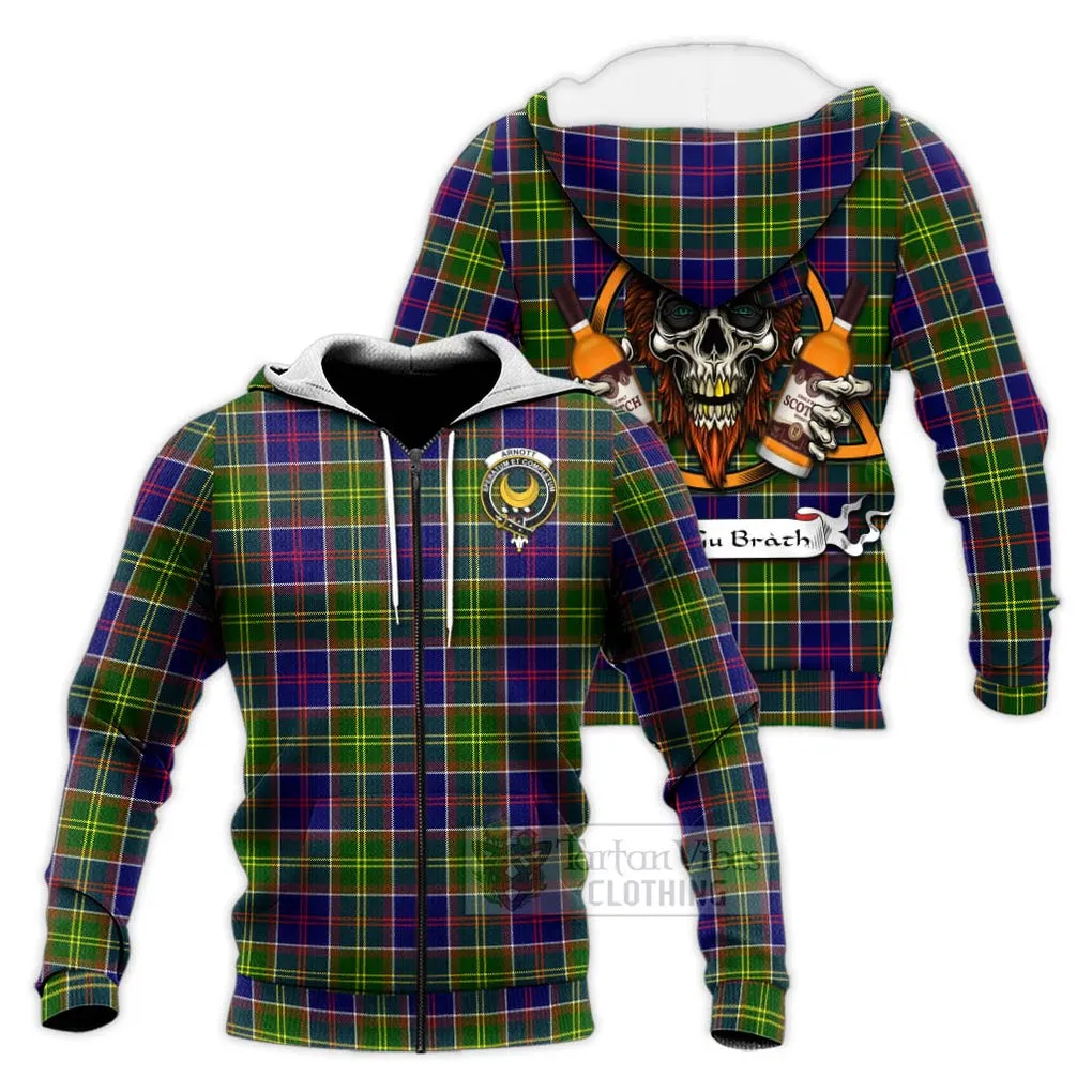 Arnott Tartan Knitted Hoodie with Family Crest and Bearded Skull Holding Bottles of Whiskey