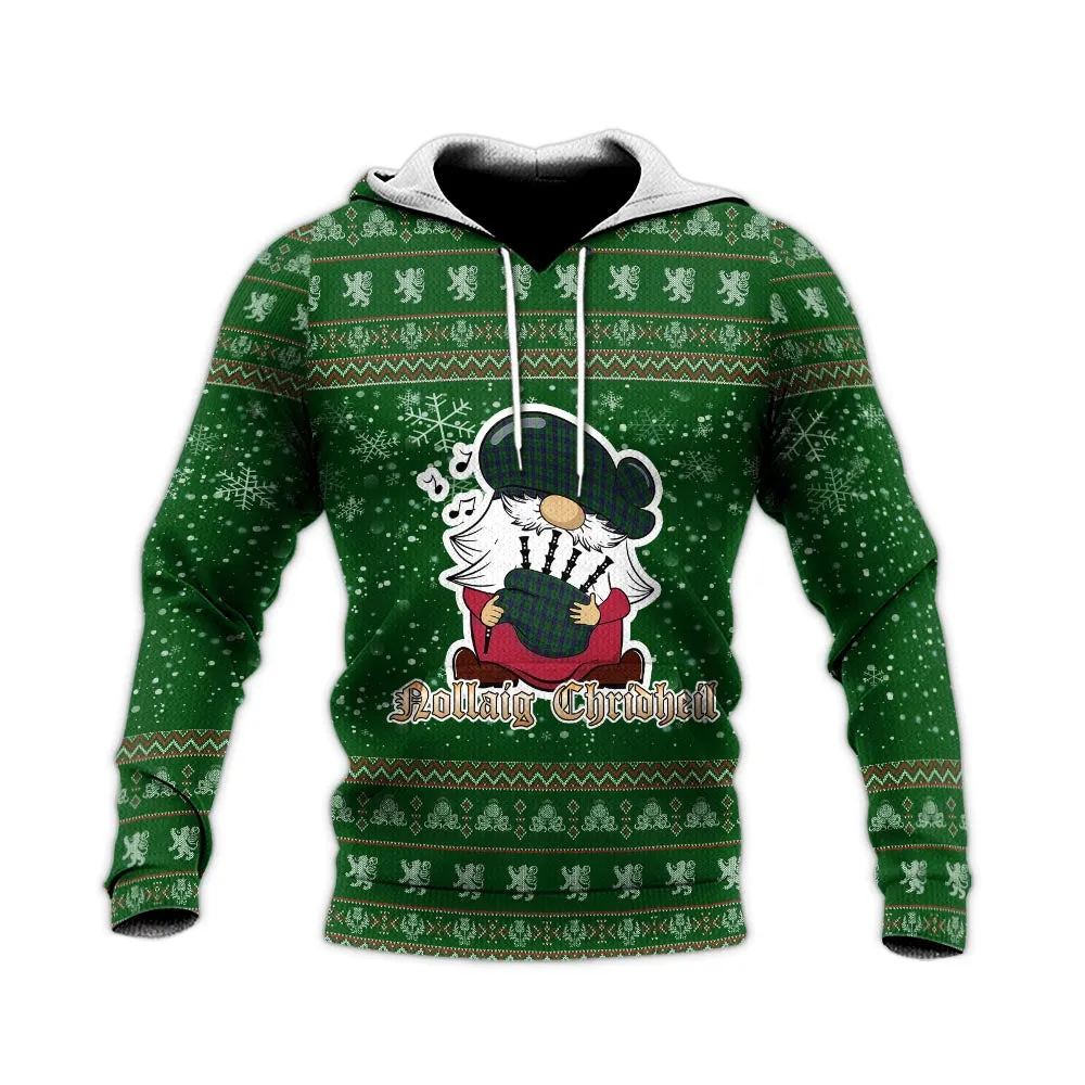 Austin Clan Christmas Knitted Hoodie with Funny Gnome Playing Bagpipes