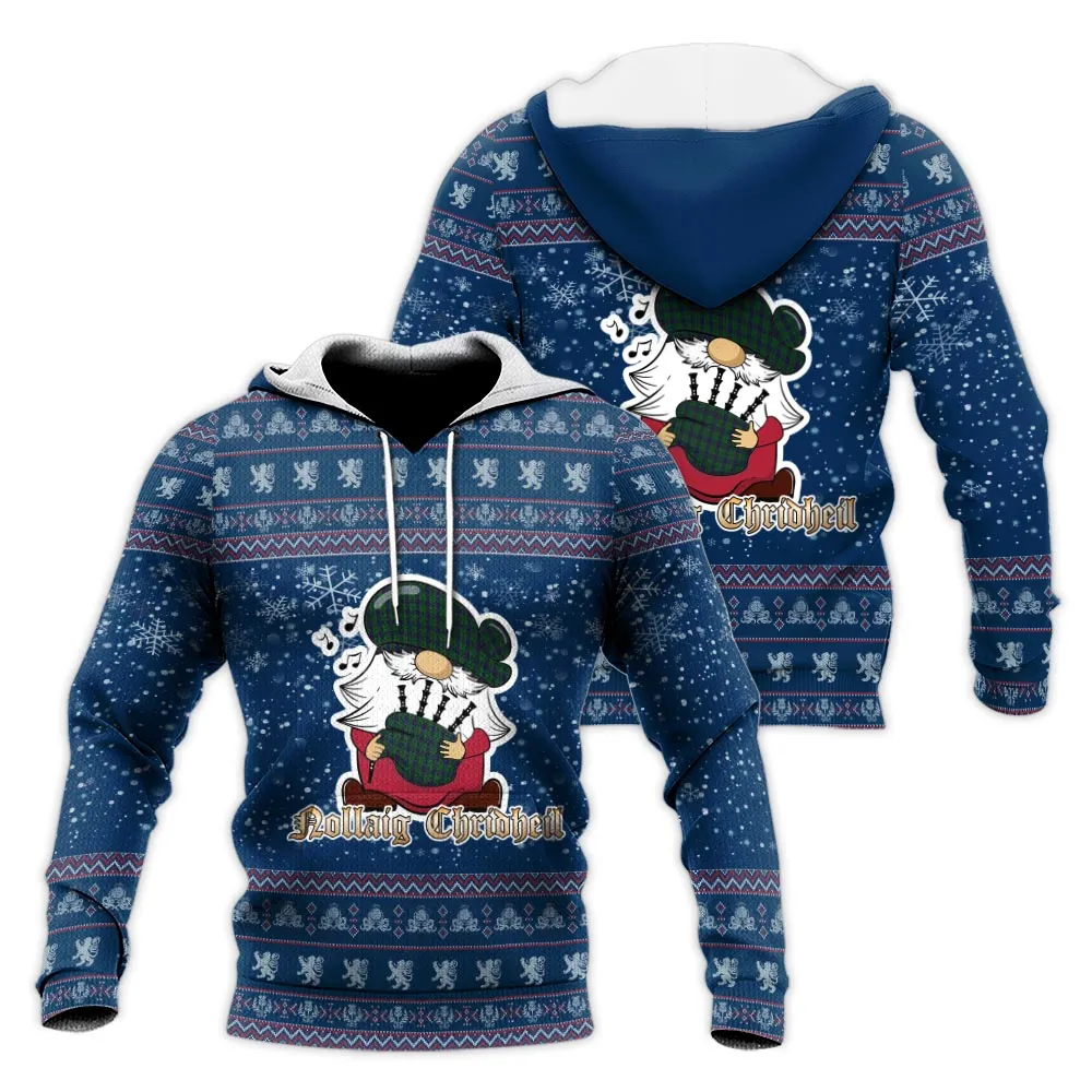 Austin Clan Christmas Knitted Hoodie with Funny Gnome Playing Bagpipes