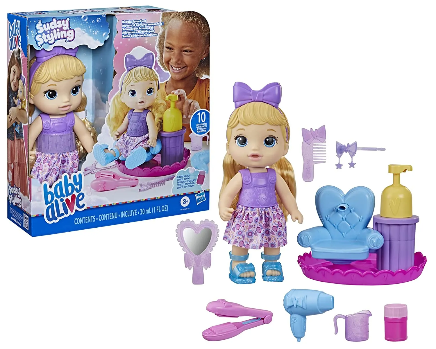 Baby Alive 12-Inch Magical Styles Blonde Hair Baby Doll with Salon Chair, Accessories, Bubble Solution for Kids Ages 3 and Up