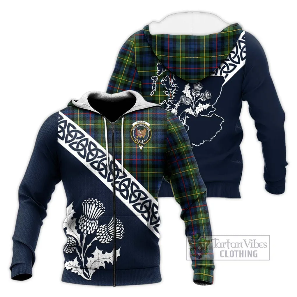 Baillie (Bailey) Tartan Knitted Hoodie Featuring Thistle and Scotland Map