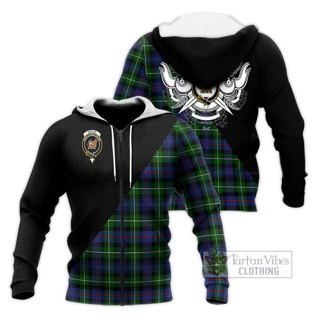 Baillie Tartan Knitted Hoodie with Family Crest and Military Logo Style