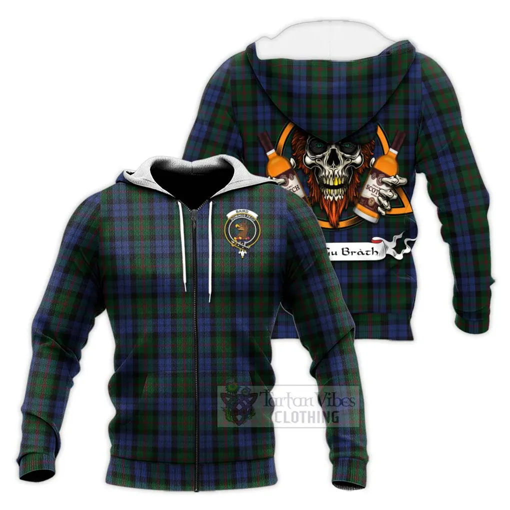 Baird Tartan Knitted Hoodie with Family Crest and Bearded Skull Holding Bottles of Whiskey