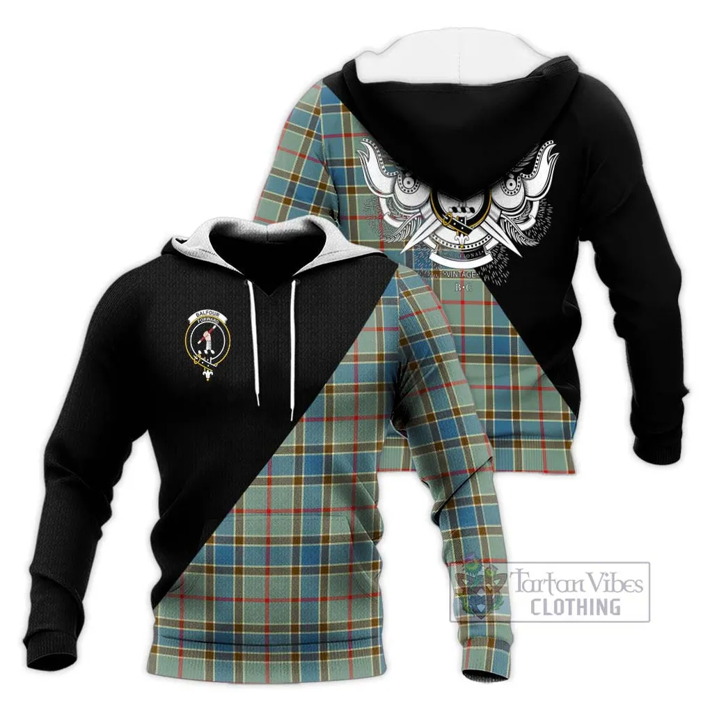 Balfour Blue Tartan Knitted Hoodie with Family Crest and Military Logo Style