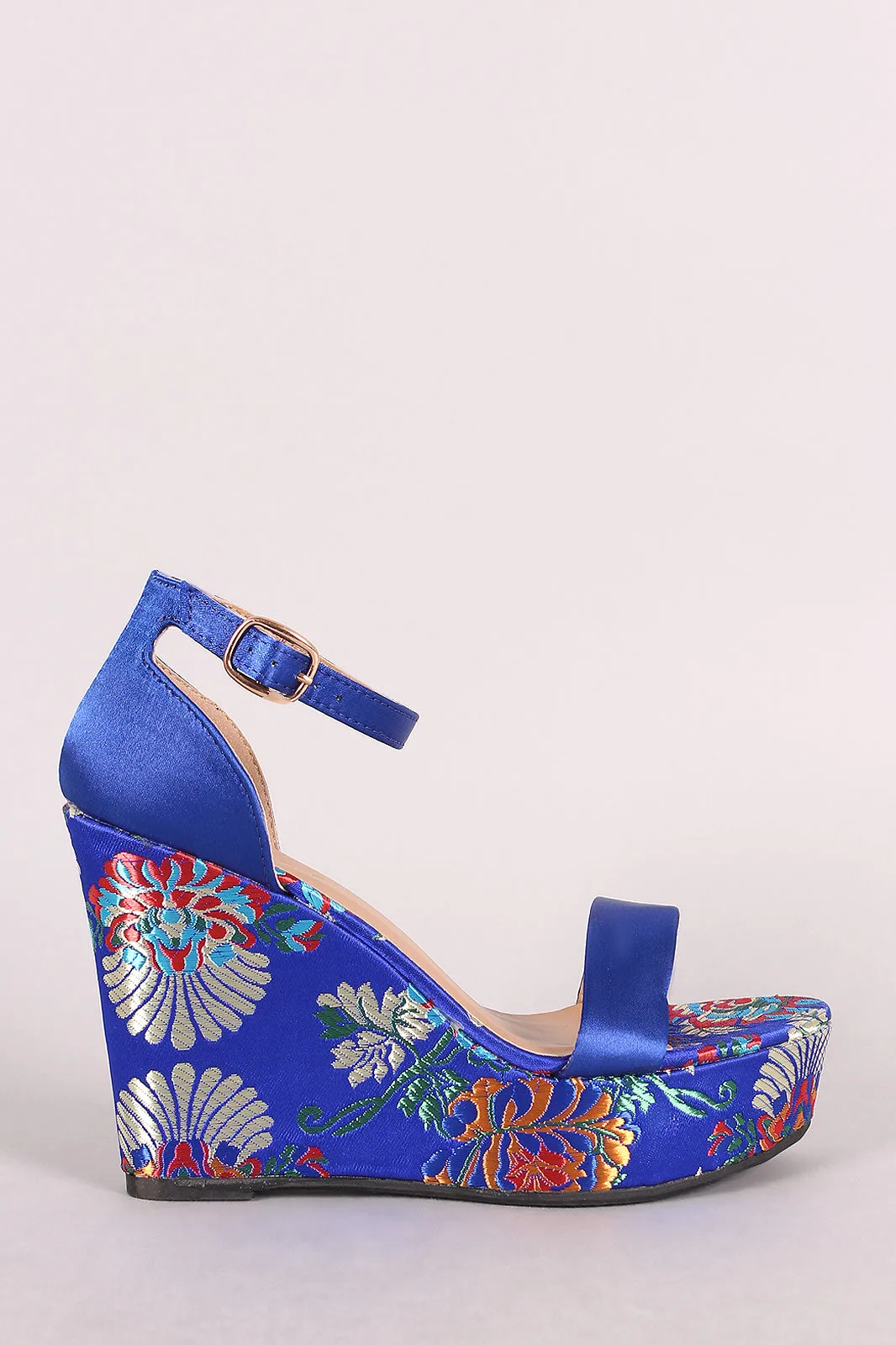 Bamboo Satin Ankle Strap Embroidered Brocade Platform Wedge