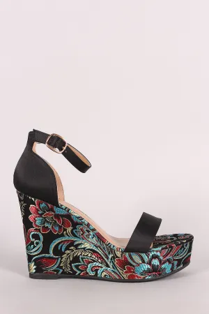 Bamboo Satin Ankle Strap Embroidered Brocade Platform Wedge