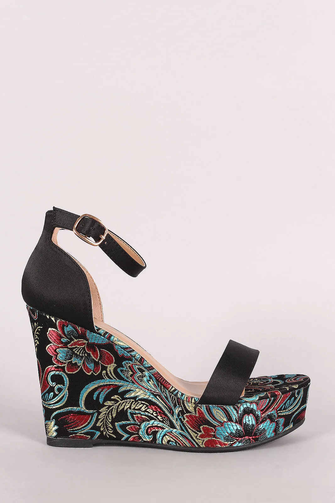 Bamboo Satin Ankle Strap Embroidered Brocade Platform Wedge