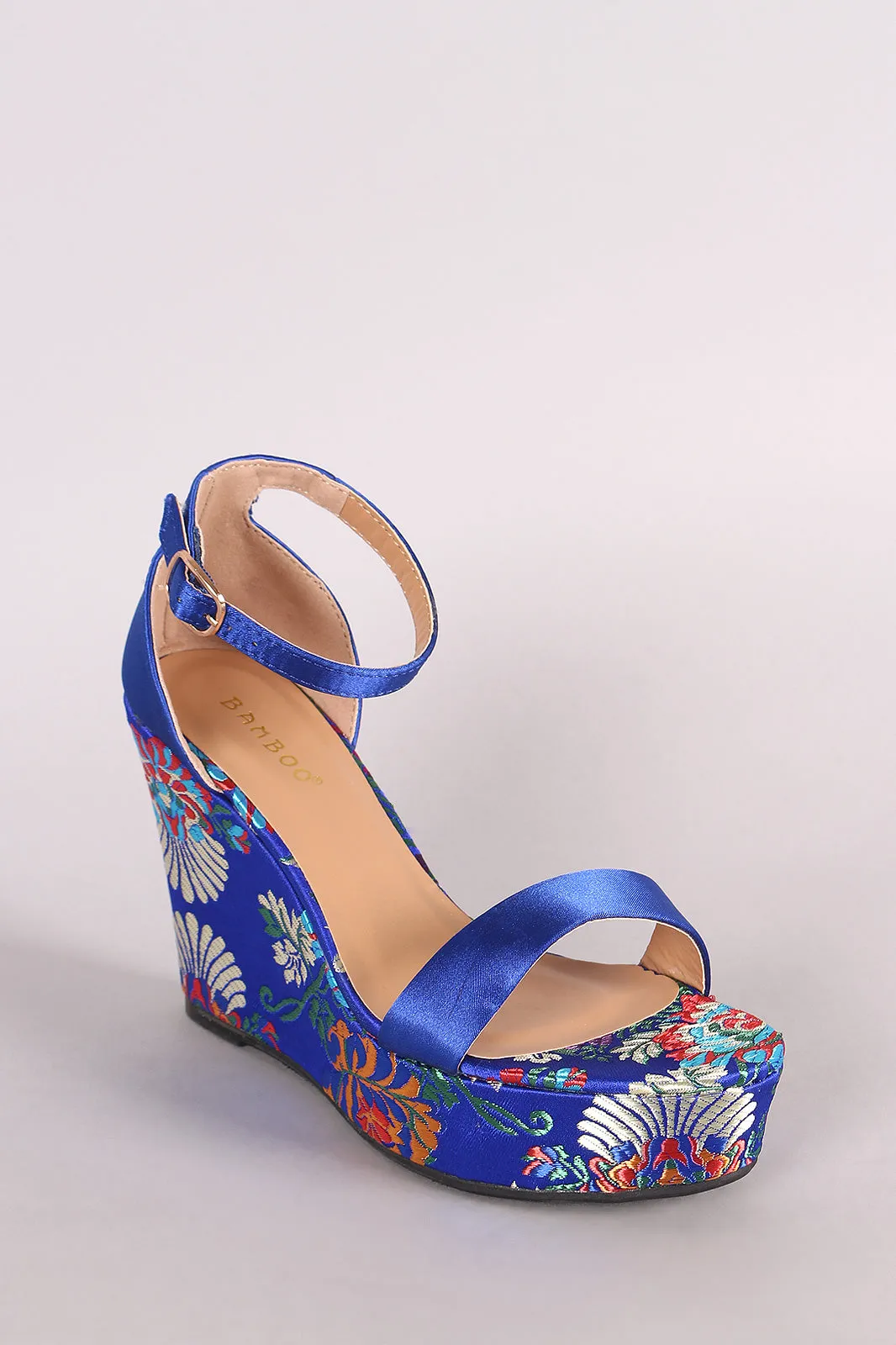 Bamboo Satin Ankle Strap Embroidered Brocade Platform Wedge