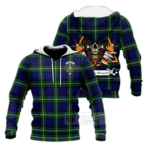 Bannerman Tartan Knitted Hoodie with Family Crest and Bearded Skull Holding Bottles of Whiskey