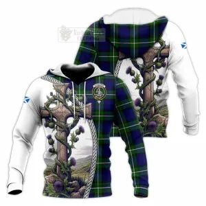 Bannerman Tartan Knitted Hoodie with Family Crest and St. Andrew's Cross Accented by Thistle Vines