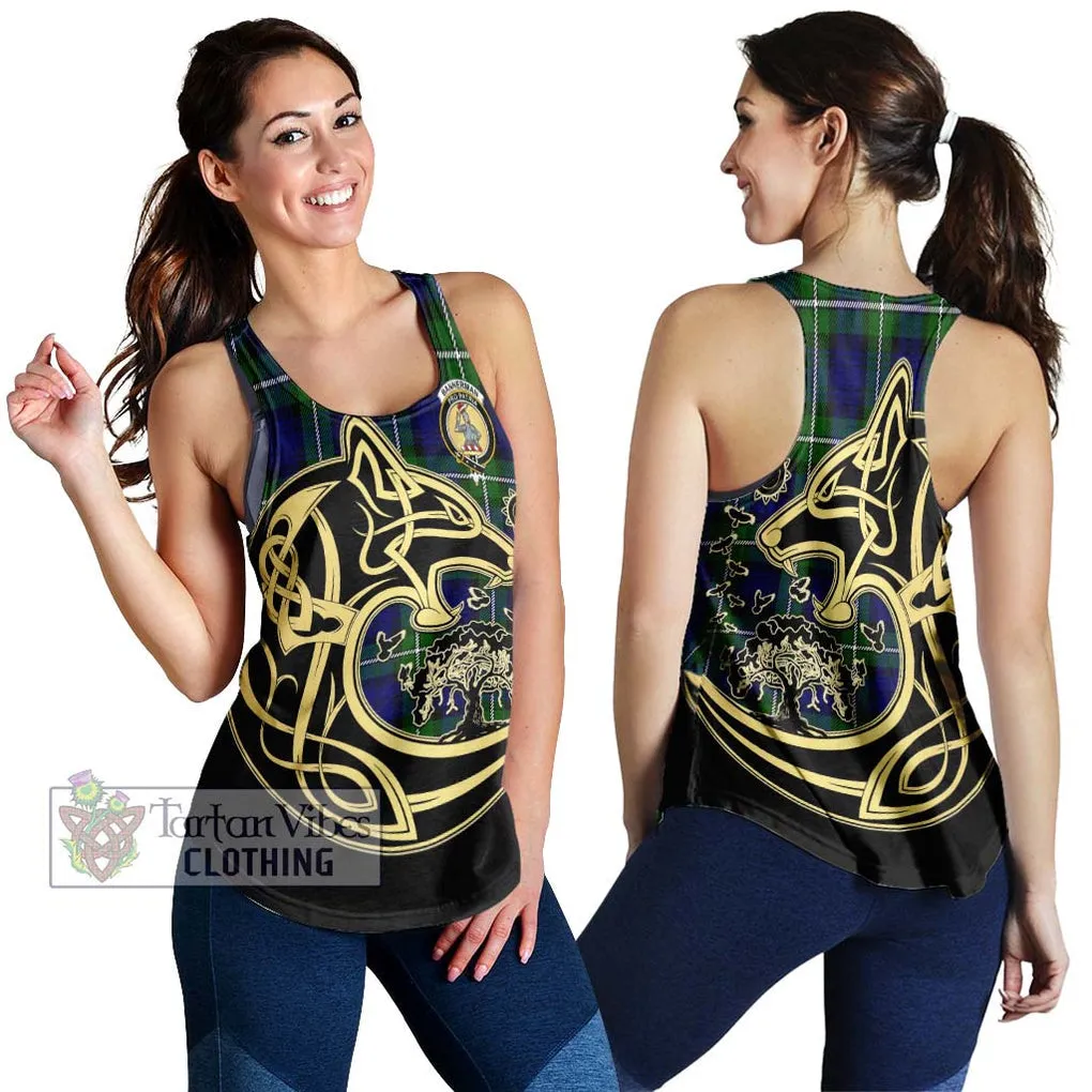 Bannerman Tartan Women's Racerback Tanks with Family Crest Celtic Wolf Style