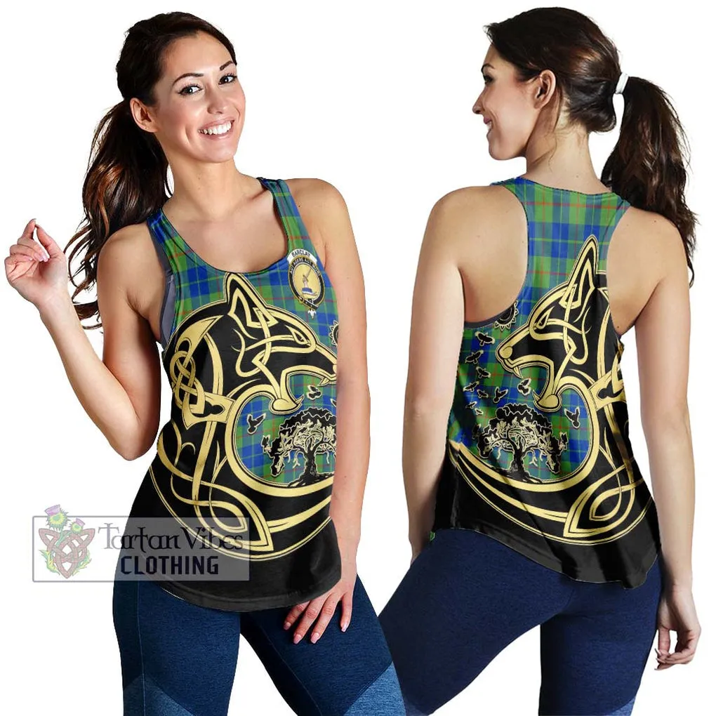 Barclay Hunting Ancient Tartan Women's Racerback Tanks with Family Crest Celtic Wolf Style