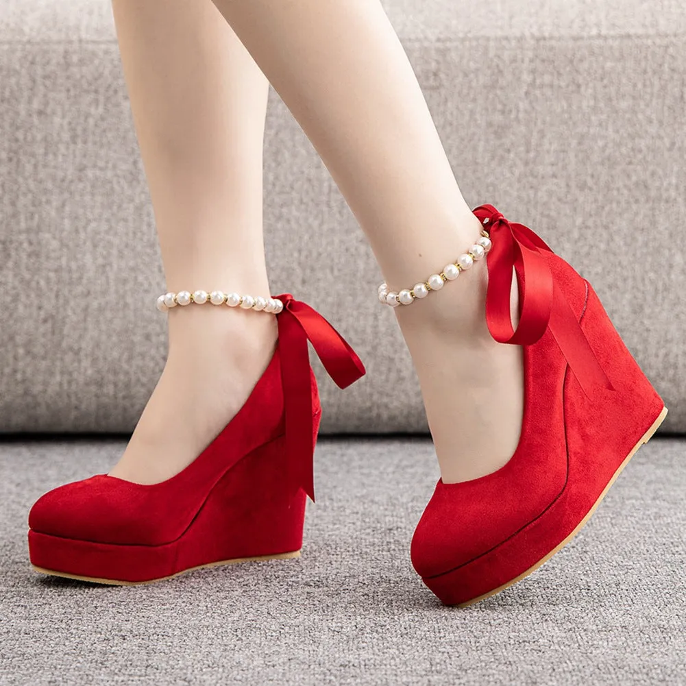 Beaded Ribbon Round Head Waterproof Platform Shoes