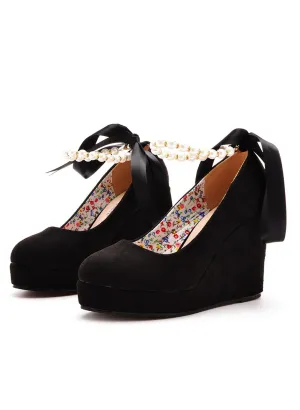 Beaded Ribbon Round Head Waterproof Platform Shoes