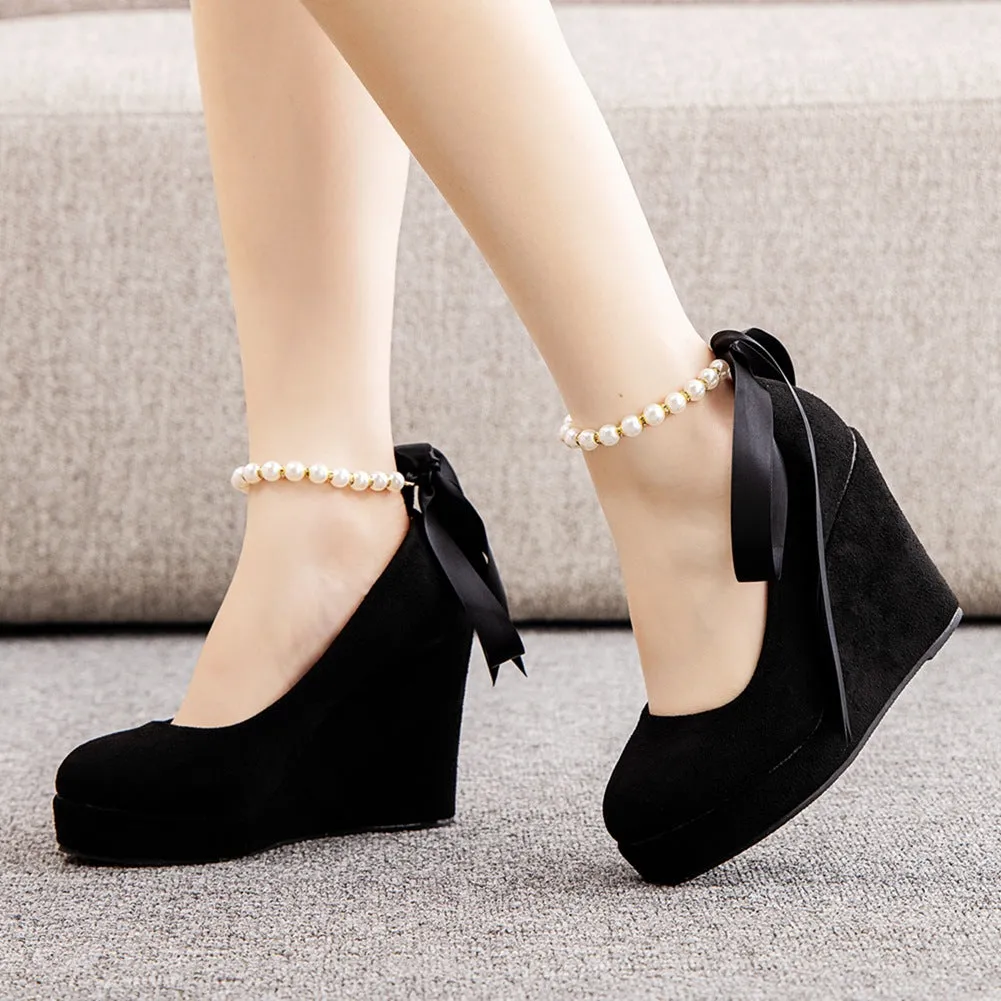 Beaded Ribbon Round Head Waterproof Platform Shoes