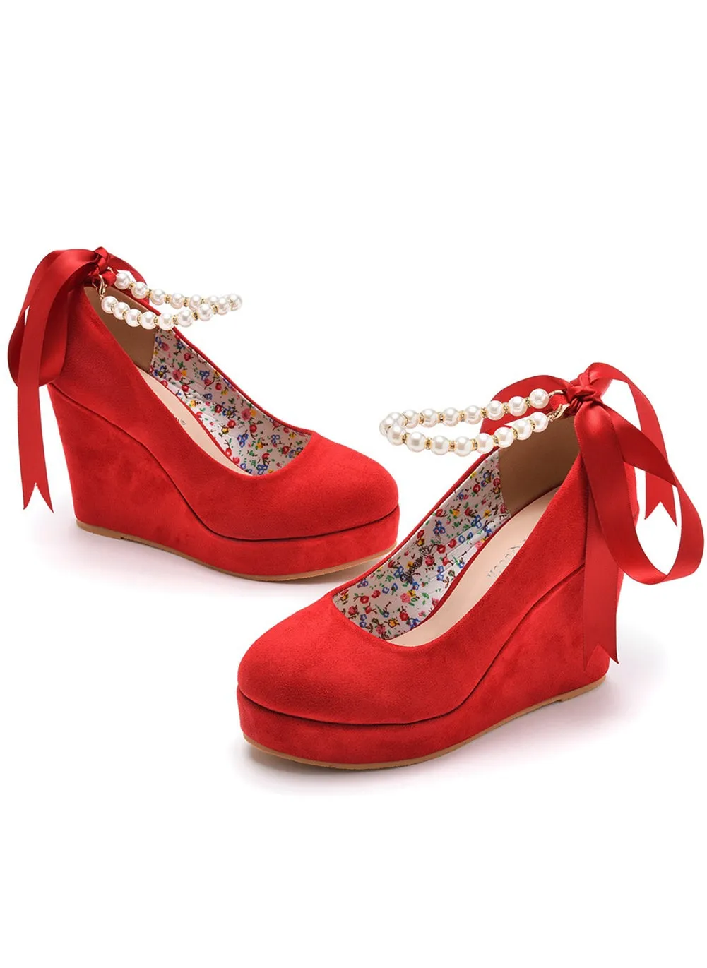 Beaded Ribbon Round Head Waterproof Platform Shoes