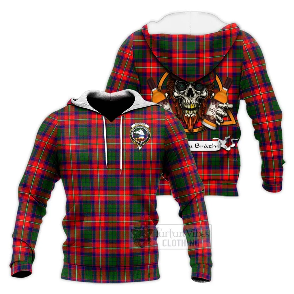 Belshes (Belsches) Tartan Knitted Hoodie with Family Crest and Bearded Skull Holding Bottles of Whiskey