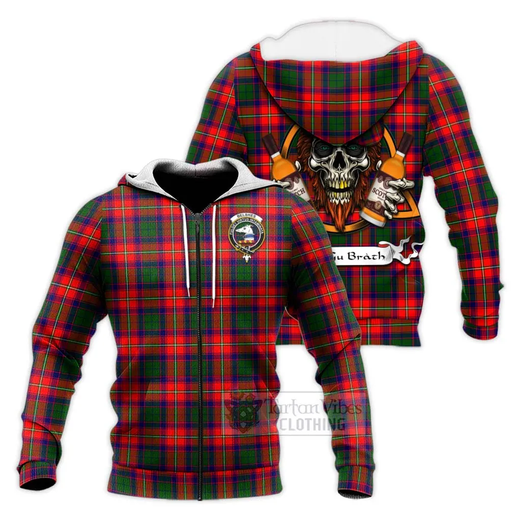 Belshes (Belsches) Tartan Knitted Hoodie with Family Crest and Bearded Skull Holding Bottles of Whiskey