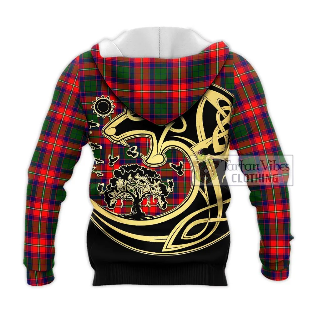 Belshes Tartan Knitted Hoodie with Family Crest Celtic Wolf Style