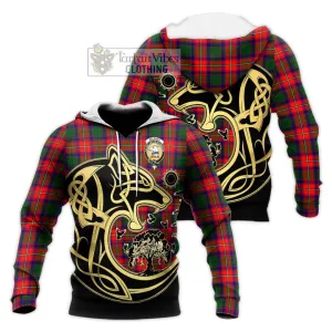 Belshes Tartan Knitted Hoodie with Family Crest Celtic Wolf Style