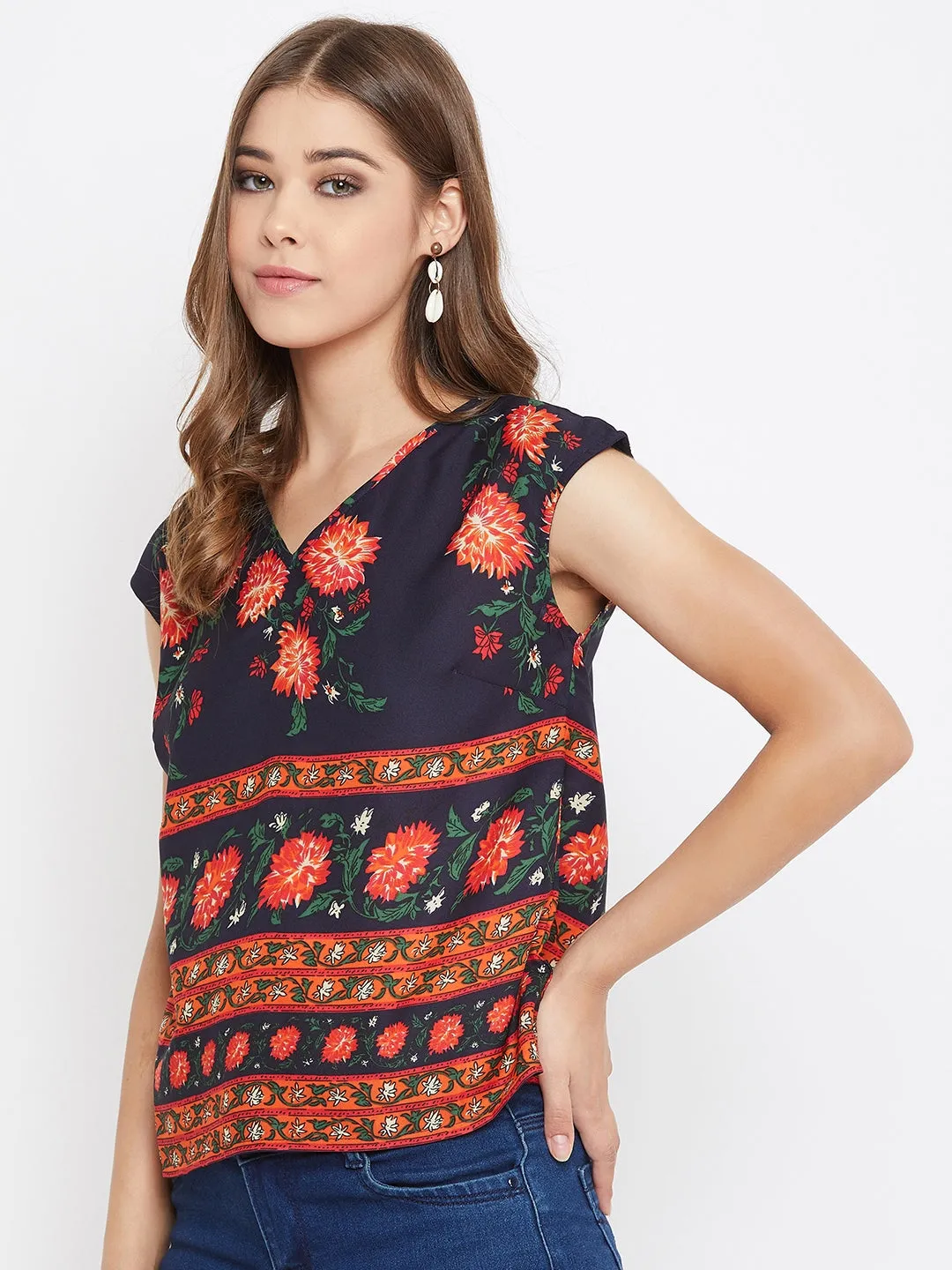 Berrylush Women Navy Blue Floral Print V-Neck Regular Top