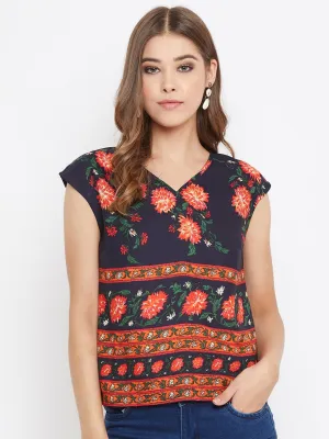 Berrylush Women Navy Blue Floral Print V-Neck Regular Top