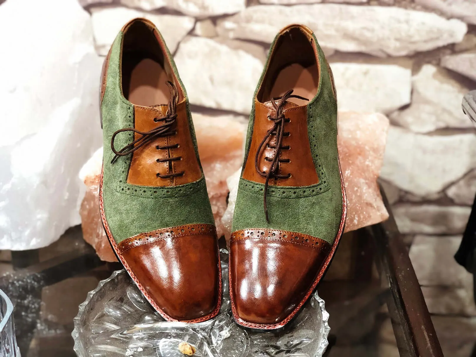 Bespoke Brown Green Leather Suede Cap Toe Shoe for Men