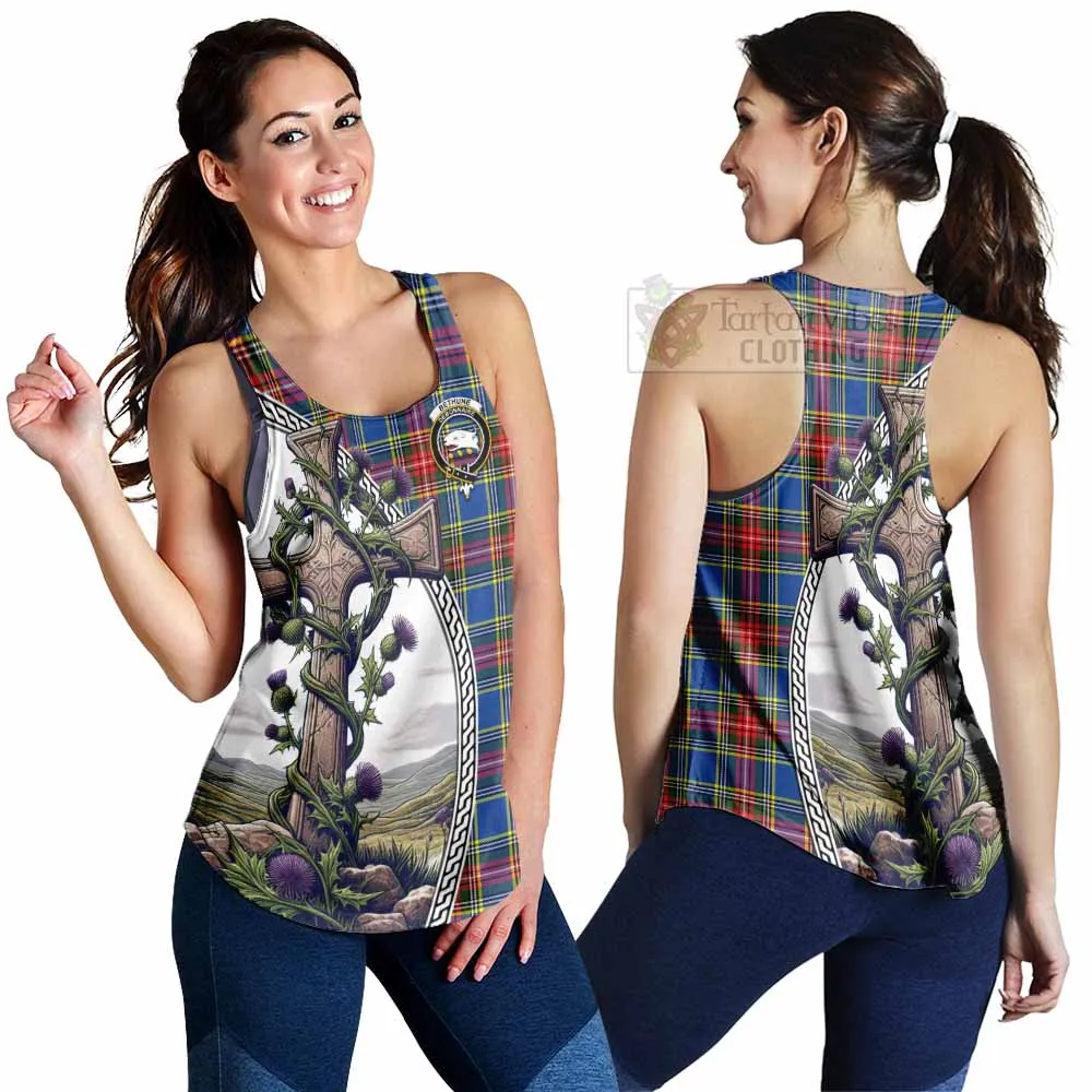 Bethune Tartan Women's Racerback Tanks with Family Crest and St. Andrew's Cross Accented by Thistle Vines