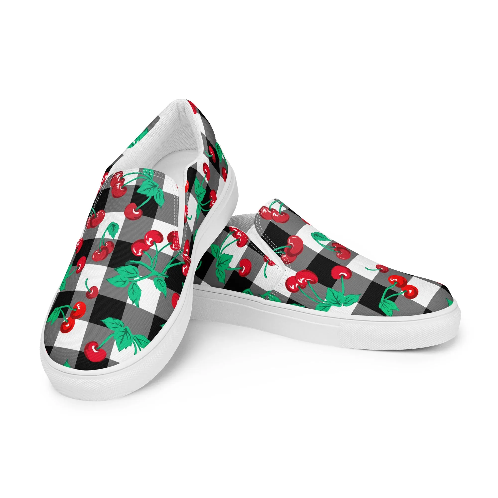 Black Gingham Cherry Girl Women’s Canvas Slip-On Deck Shoes | Pinup Couture Relaxed