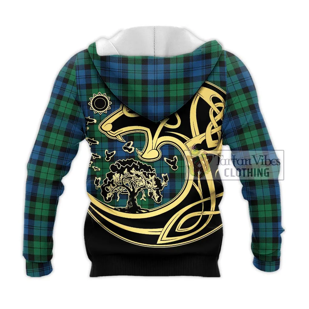 Black Watch Ancient Tartan Knitted Hoodie with Family Crest Celtic Wolf Style