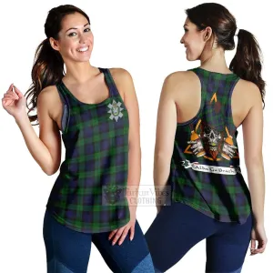 Black Watch Tartan Women's Racerback Tanks with Family Crest and Bearded Skull Holding Bottles of Whiskey