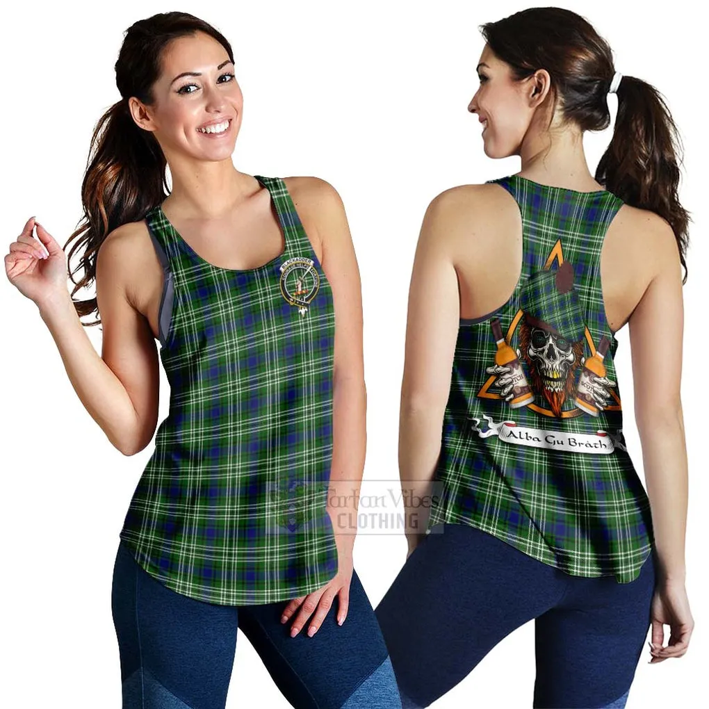 Blackadder Tartan Women's Racerback Tanks with Family Crest and Bearded Skull Holding Bottles of Whiskey