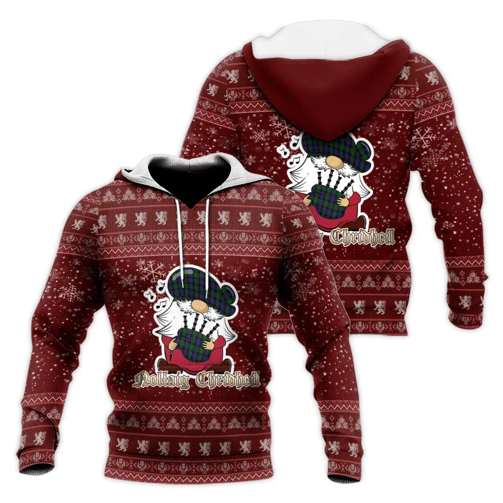 Blair Clan Christmas Knitted Hoodie with Funny Gnome Playing Bagpipes