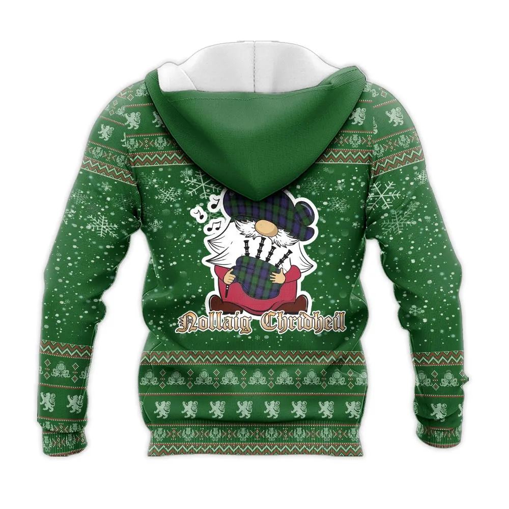 Blair Clan Christmas Knitted Hoodie with Funny Gnome Playing Bagpipes