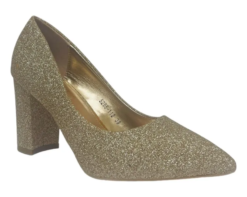 Block Heel Glitter Court Shoes